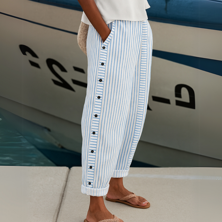 Vienna – Striped Button-Accent Pants