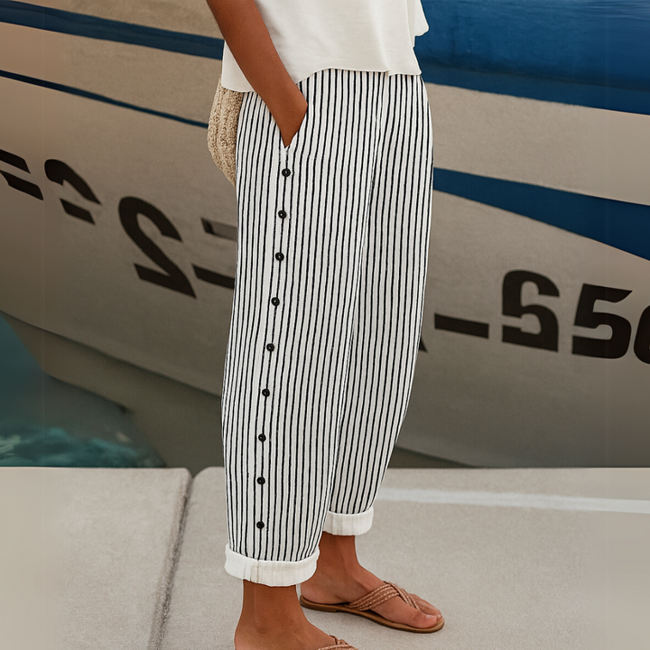 Vienna – Striped Button-Accent Pants