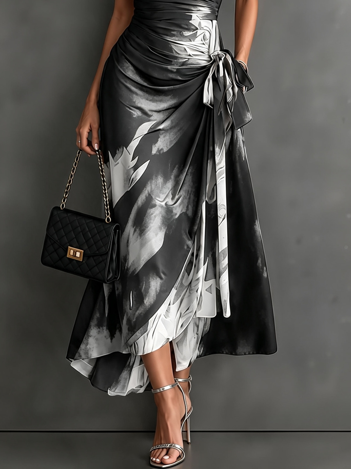 Brown Black Abstract Print Wrap Midi Dress Collared V Neck Short Sleeve Tie Waist Ruffled High‑Low Hem Dress