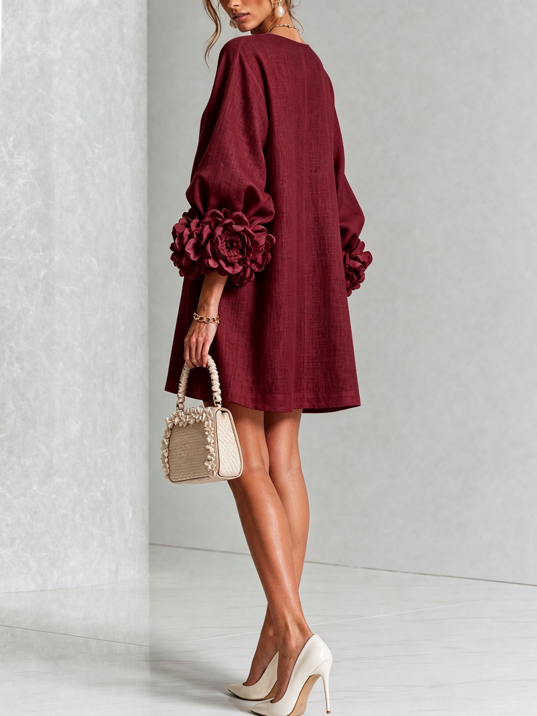 White Floral Button-down Mini Dress With Striking Floral Cuffs